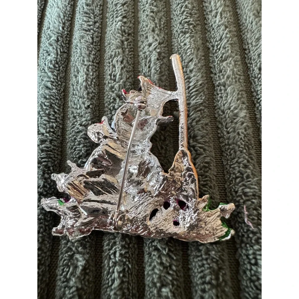 Sparkling Snowman Brooch With‎ Broom Hat Scarf Red Gems Rhinestones Christmas